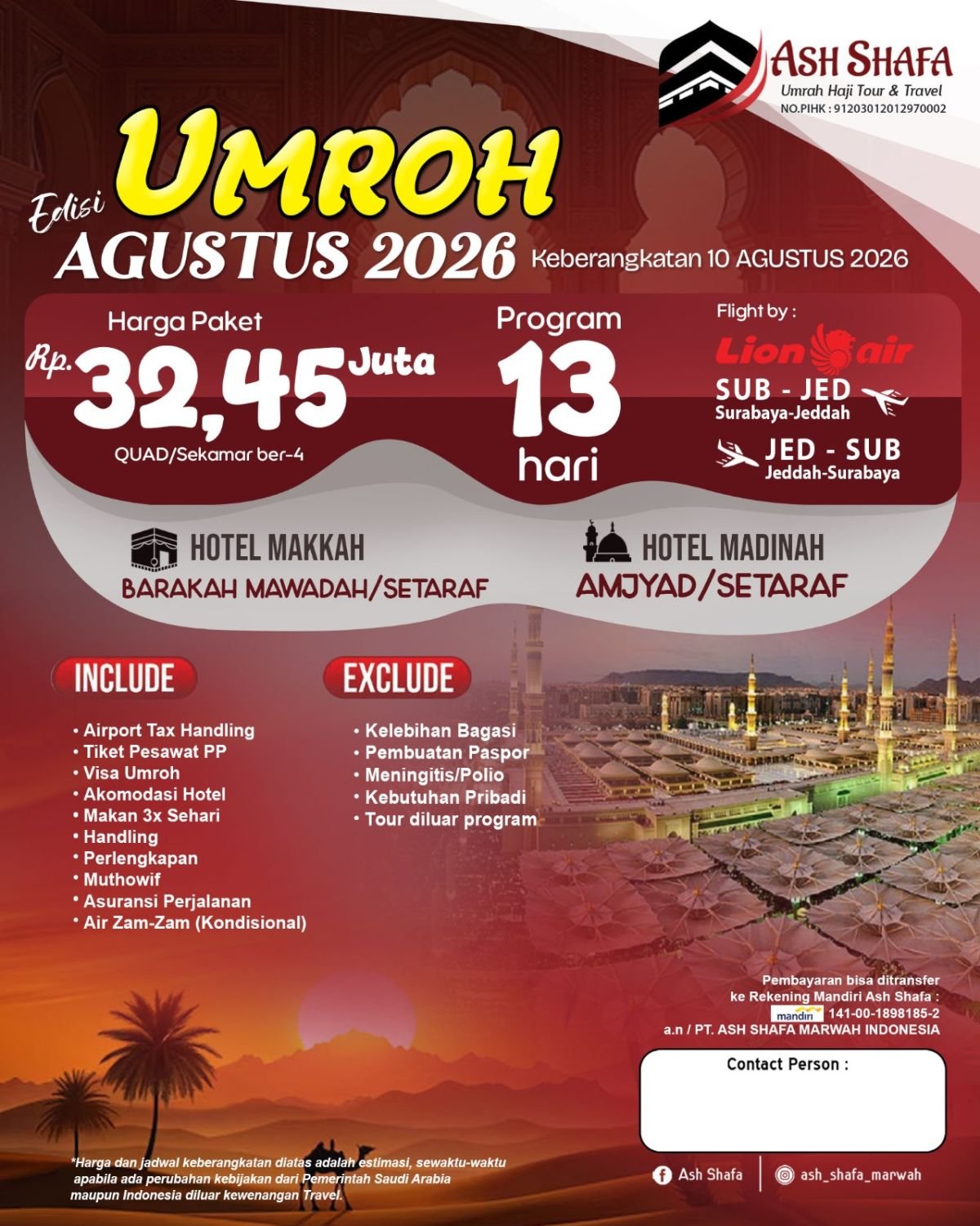 PAKET UMROH EDISI BULAN AGUSTUS PROGRAM 13 HARI