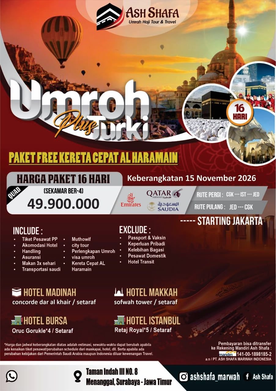 UMROH PLUS TURKI NOVEMBER AKHIR TAHUN 16 HARI 2026